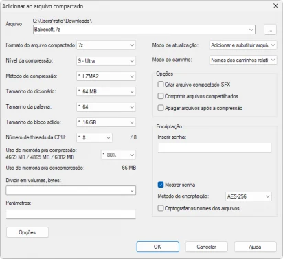 Captura de tela demonstrativa da tela de compressão de arquivo do 7-Zip. A captura mostra o nome do arquivo como Baixesoft.7z e mostra também todos os demais campos do programa, como formato, as opções para senha, atribuição de hardware à tarefa e muito mais.