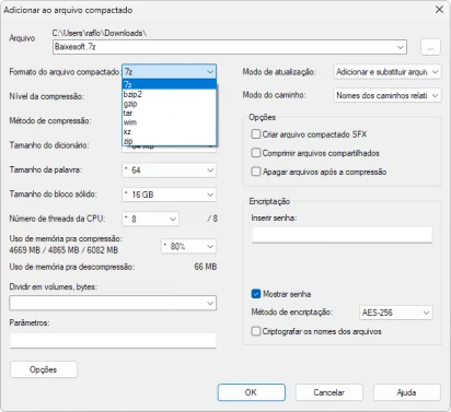 Captura de tela demonstrativa da tela de compressão de arquivo do 7-Zip. A captura mostra o nome do arquivo como Baixesoft.7z e mostra também o especial destaque para as opções de formatos suportados. Além disso, mostra demais opções como senha, de atribuição de hardware à tarefa, entre outras.