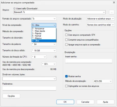 Captura de tela demonstrativa da tela de compressão de arquivo do 7-Zip. A captura mostra o nome do arquivo como Baixesoft.7z e mostra também o especial destaque para as opções de nível de compressão de 0 a 9. Além disso, mostra demais opções como senha, de atribuição de hardware à tarefa, entre outras.