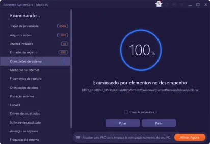 Captura de tela demonstrativa do Advanced SystemCare Free rodando uma análise para limpeza e otimização do sistema