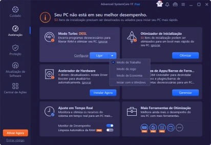 Captura de tela demonstrativa do Advanced SystemCare Free mostrando seu menu 