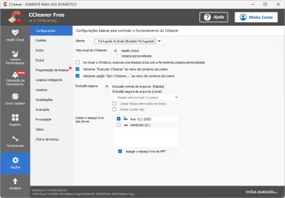 Captura da tela do CCleaner no menu 