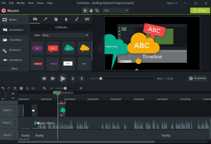 Captura de tela demonstrativa oficial do Camtasia destacando suas funções automatizadas para anotações em vídeo.