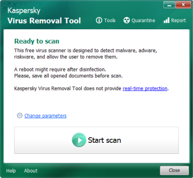 Captura de tela do Kaspersky Virus Removal Tool em sua tela inicial mostrando o botão 