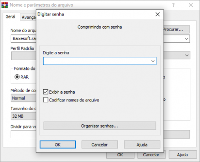 Captura de tela que destaca a opção de adicionar senha do WinRAR. No caso é uma caixa de diálogo que surge para o usuário digitar a senha do arquivo a ser comprimido pelo WinRAR.