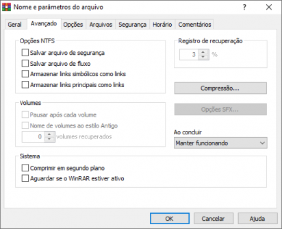 Captura de tela do WinRAR que mostra sua tela de opções e parâmetros para comprimir um arquivo. Ela destaca sua aba 