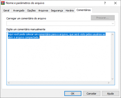 Captura de tela do WinRAR que mostra sua tela de opções e parâmetros para comprimir um arquivo. Ela destaca sua aba 