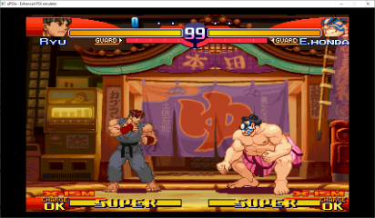 O street figther alpha 3 rodando no ePSXe. A tela mostra um exemplo de efetiva jogabilidade do personagem Ryu contra E.Honda.