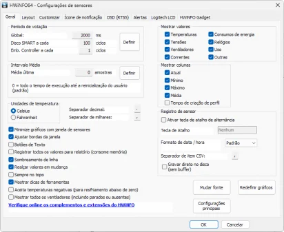 Captura de tela das configurações de sensores do HWiNFO na aba 