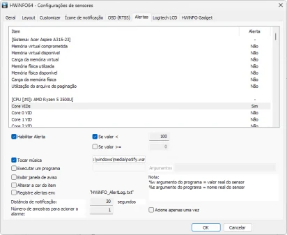 Captura de tela das configurações de sensores do HWiNFO na aba 