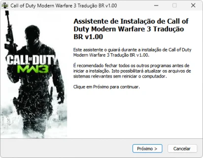 Tela inicial do instalador da tradução do MW3 de 2011.