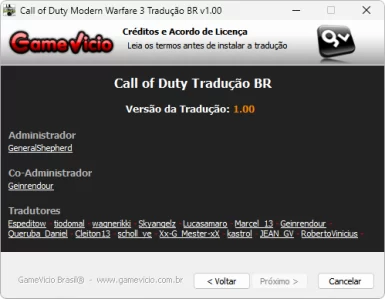 Segunda tela do instalador da tradução do MW3 de 2011.