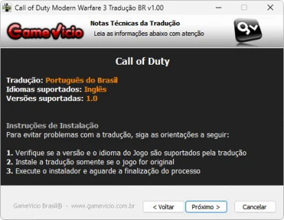 Terceira tela do instalador da tradução do MW3 de 2011.