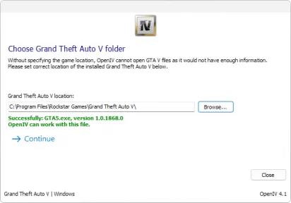Captura de tela exemplo do OpenIV mostrando o assistente de localização da pasta de instalação do GTA V. Ela também exibe a mensagem de que a pasta neste exemplo foi localizada com sucesso.