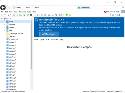 Captura de tela exemplo do OpenIV mostrando a instalação de mods vazia do jogo GTA V. Ela mostra também um aviso de necessidade de instalação de um plugin para o GTA V, o ASI Loader e o OpenIV.ASI. Ele também mostra o botão para fazer a instalação dos componentes necessários.