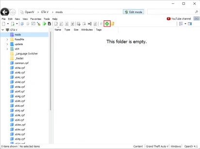 Captura de tela exemplo do OpenIV mostrando a instalação de mods vazia do jogo GTA V. Também mostra o destaque para o botão de adição para adicionar um mod.