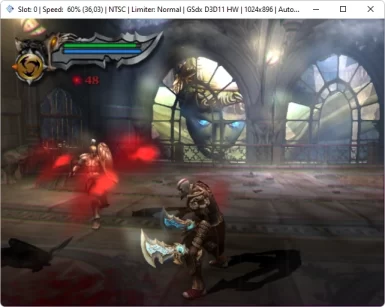 Captura de tela do PCSX2 rodando o jogo God of War 2. A captura mostra o jogo já em jogabilidade plena.