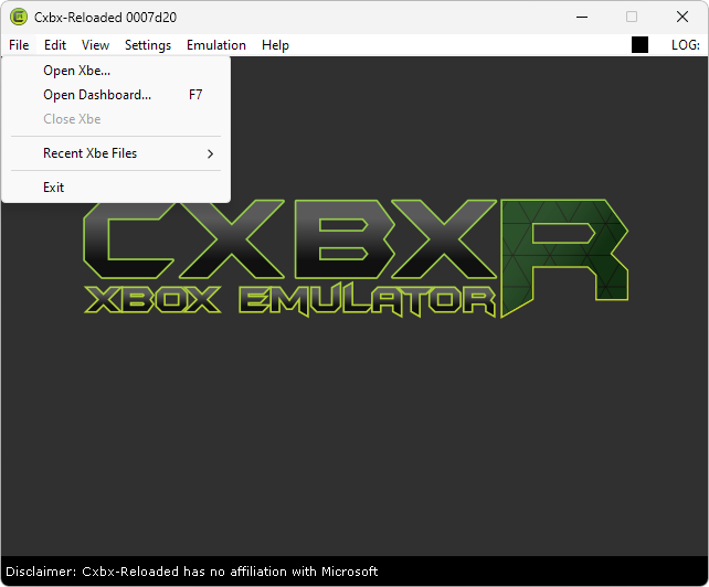 CXBX captura de tela demo 1 com o menu file aberto