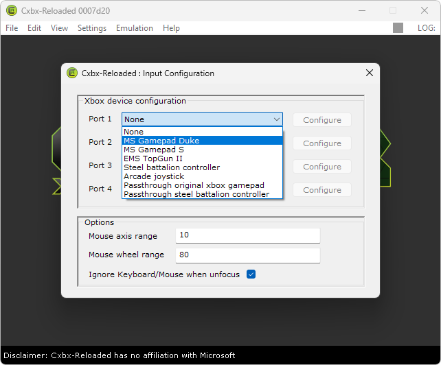 CXBX captura de tela demo 2 com as configuracoes de gamepad abertas