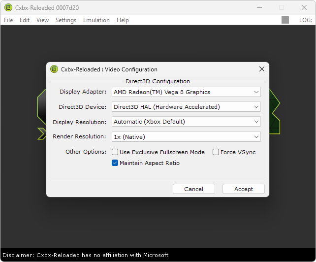 CXBX captura de tela demo 3 com as configuracoes de video