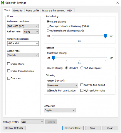 Captura de tela do Project64 em suas opções de configuração do vídeo (qualidade gráfica).