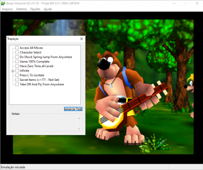 Captura de tela do Project64 exibindo o jogo banjo-kazooie. Além disso a captura exibe a tela de trapaças disponíveis na qual é possível selecionar aspectos como vida infinita, acesso a todas as fases, entre outros.