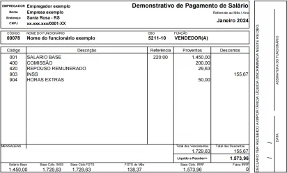 Captura de tela do modelo de contracheque demonstrativa. Foi impressa em um PDF e capturada pra demonstração.