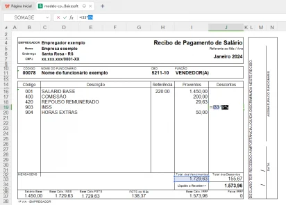 Captura do modelo de contracheque que destaca sua fórmula automatizada para calcular os descontos do INSS.