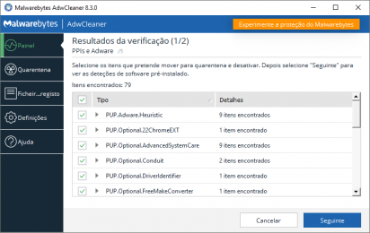 Captura de tela demonstrativa do AdwCleaner mostrando sua tela de resultados após uma verificação realizada.