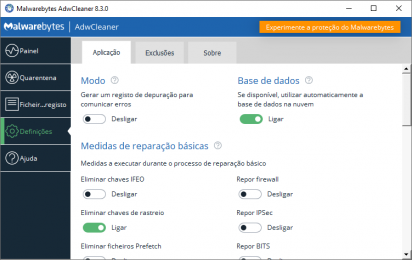 Captura de tela demonstrativa do AdwCleaner mostrando seu menu 