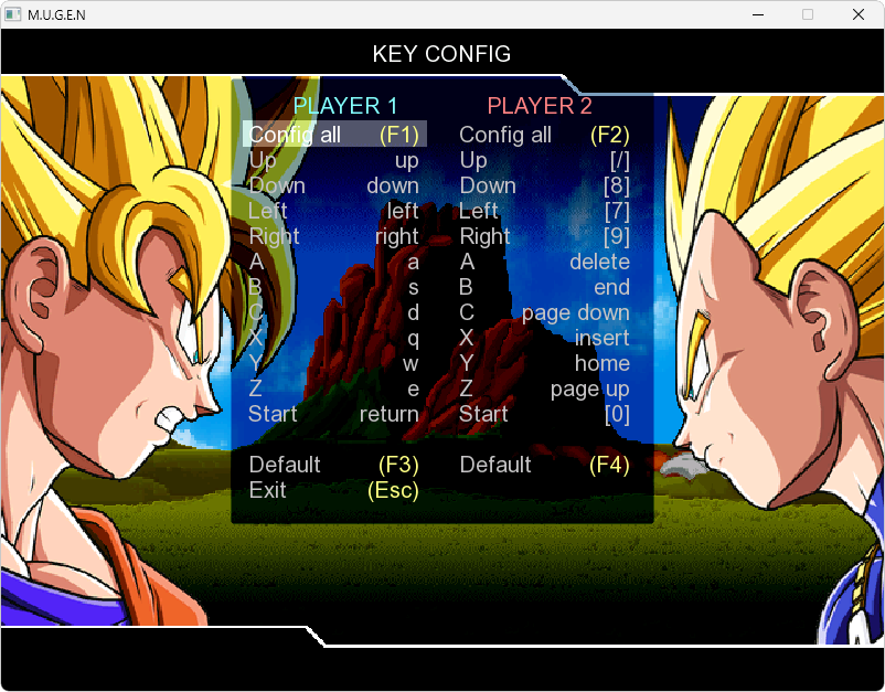 Dragon Ball Heroes MUGEN tela de condiguracao de comandos