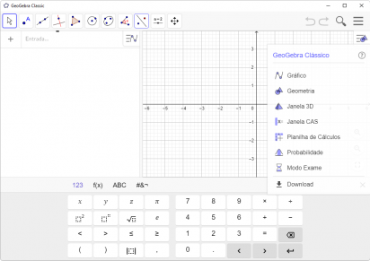 Captura de tela demonstrativa do GeoGebra. A captura mostra um gráfico vazio, as possibilidades do Geogebra e um teclado de calculadora do programa.