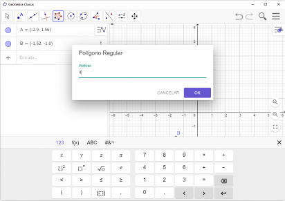 Captura de tela demonstrativa do GeoGebra mostrando o destaque para sua janela de inserção de um polígono regular.