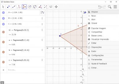 Captura de tela demonstrativa do GeoGebra mostrando o destaque para seu menu de opções aberto que traz muitas opções, como de salvar, exportar, visualização impressão e muito mais.