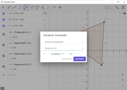 Captura de tela demonstrativa do GeoGebra mostrando o destaque para sua tela para acessar a visualização de impressão.