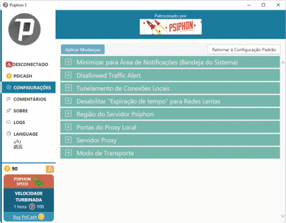 Captura de tela demonstrativa do Psiphon para Windows mostrando suas possibilidades de configurações.