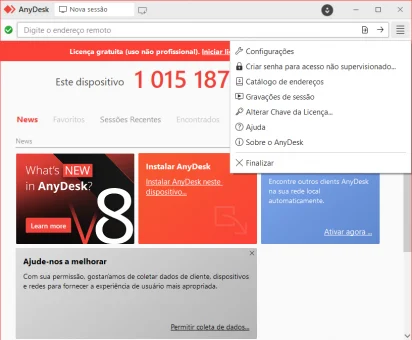 Captura de tela do AnyDesk mostrando sua interface principal. A aba de opções está aberto listando opções disponíveis como 