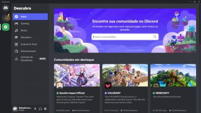 Captura de tela do Discord para Windows que mostra sua tela inicial.