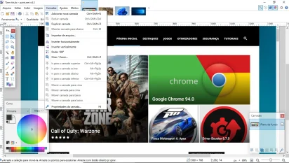 Captura da tela principal do Paint.Net. A imagem de uma captura de tela do site www.baixesoft.com está carregada no programa que está exibindo várias de suas funcionalidades. Estão sendo exibidas as interfaces de camada, de cores e de ferramentas. Além disso, o menu 