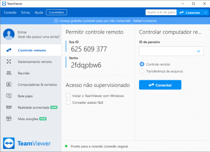 Captura de tela demonstrativa do TeamViewer em sua tela inicial, mostrando a ID e a senha do acesso remoto.