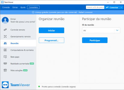 Captura de tela demonstrativa do TeamViewer em sua tela inicial, mostrando seu menu 