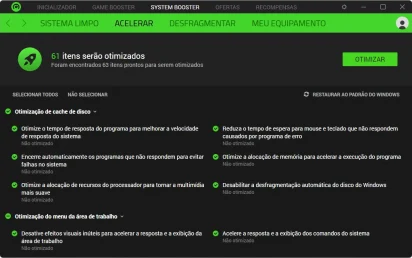 Captura de tela demonstrativa do Razer Cortex mostrando o menu 