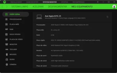Captura de tela demonstrativa do Razer Cortex mostrando o menu 