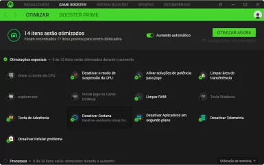 Captura de tela demonstrativa do Razer Cortex mostrando seu submenu 