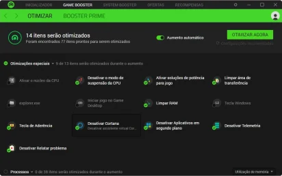 Captura de tela demonstrativa do Razer Cortex mostrando seu submenu 