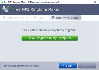 Captura de tela demonstrativa do Free MP3 Ringtone Maker mostrando sua tela de finalização do corte com um botão para salvar o arquivo no PC.