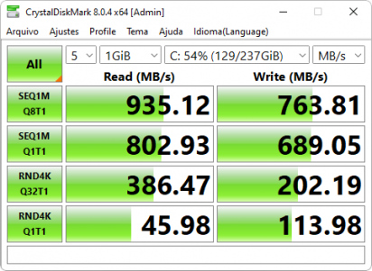 Captura de tela do CrystalDiskMark que mostra resultados de um SSD testado com o programa.