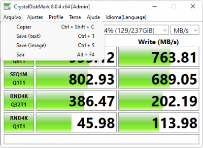 Captura de tela do CrystalDiskMark que mostra o menu 