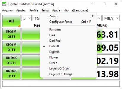 Captura de tela do CrystalDiskMark que mostra o menu 