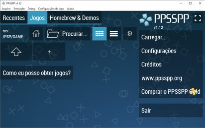 Captura de tela do ppsspp em sua tela principal. Ele está com a aba 